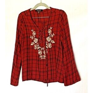 Shyanne Western Wear Top Womens Small Floral EmbroideredRed Plaid Lace Up Blouse